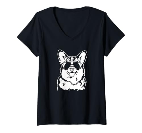 Damen Cooler Corgi Hund mit Sonnenbrille Welsh Corgi Hunde T-Shirt mit V-Ausschnitt Damen Cooler Corgi Hund mit Sonnenbrille Welsh Corgi Hunde T-Shirt mit V-Ausschnitt von Wilsigns Corgi Designs