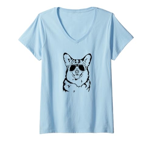 Damen Cooler Corgi Hund mit Sonnenbrille Welsh Corgi Hunde T-Shirt mit V-Ausschnitt Damen Cooler Corgi Hund mit Sonnenbrille Welsh Corgi Hunde T-Shirt mit V-Ausschnitt von Wilsigns Corgi Designs