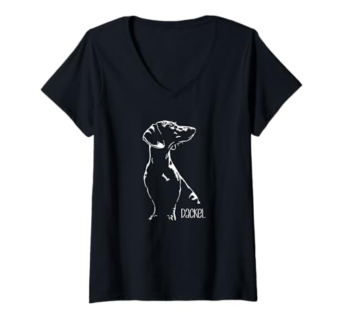Damen Lustiger Dackel Portrait Silhouette Hund Teckel Hunde T-Shirt mit V-Ausschnitt Damen Lustiger Dackel Portrait Silhouette Hund Teckel Hunde T-Shirt mit V-Ausschnitt von Wilsigns Dackel Designs