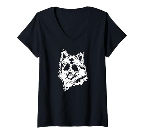 Damen Cooler Islandhund Hund mit Sonnenbrille Islandhunde Hunde T-Shirt mit V-Ausschnitt von Wilsigns Islandhund Designs