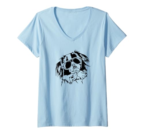 Damen Cooler Japan Chin Hund mit Sonnenbrille Islandhunde Hunde T-Shirt mit V-Ausschnitt Damen Cooler Japan Chin Hund mit Sonnenbrille Islandhunde Hunde T-Shirt mit V-Ausschnitt von Wilsigns Japan Chin Designs