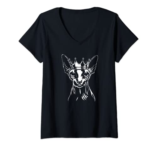 Damen Lustige Sphynx Katze mit Krone Katze Katzen T-Shirt mit V-Ausschnitt von Wilsigns Sphynx Katze Krone