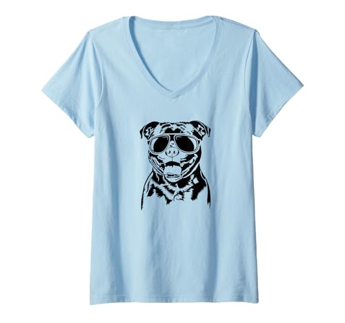 Damen Cooler Staffordshire Bullterrier Hund mit Sonnenbrille Hunde T-Shirt mit V-Ausschnitt Damen Cooler Staffordshire Bullterrier Hund mit Sonnenbrille Hunde T-Shirt mit V-Ausschnitt von Wilsigns Staffordshire Bullterrier Designs