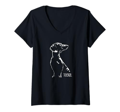 Damen Lustiger Teckel Portrait Silhouette Hund Dackel Hunde T-Shirt mit V-Ausschnitt von Wilsigns Teckel Designs