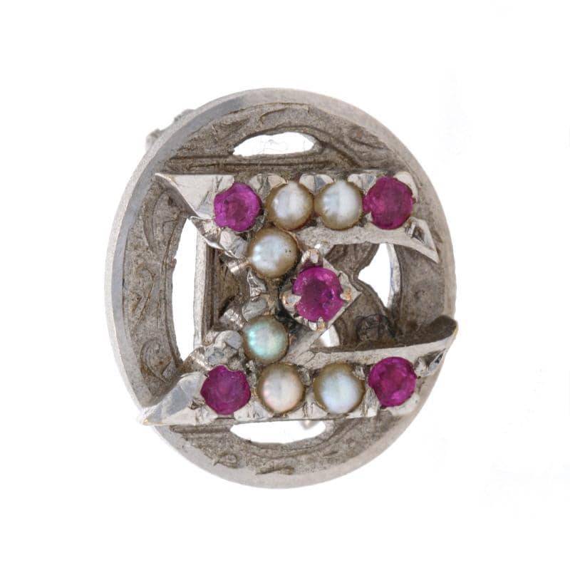 Beta Signa O Micron Badge Seltene 14K Weißgold Sorority Zeta Tau Alpha Ruby Perle von WilsonBrothers