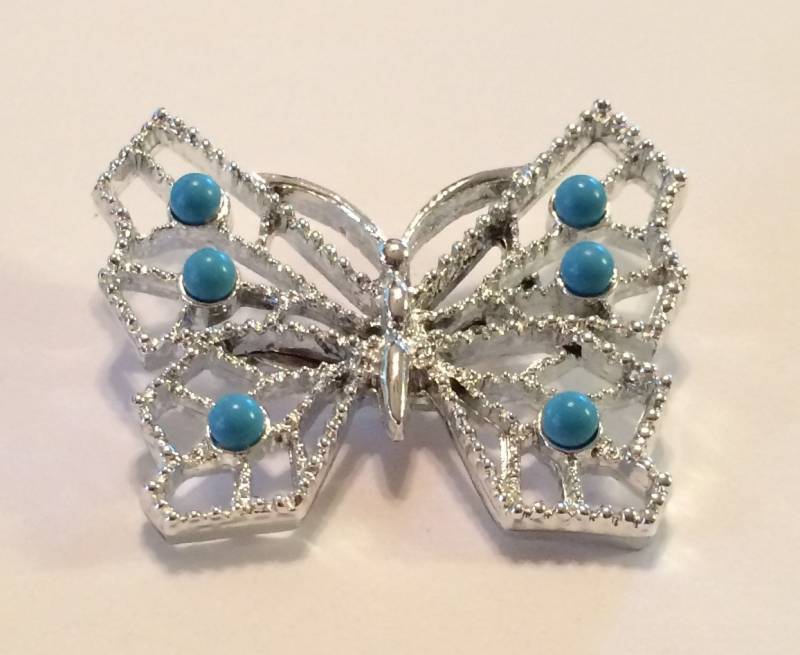 Silvertone Türkis Butterfly Pin Brosche Designer Signiert Gerry von WimerAntiques