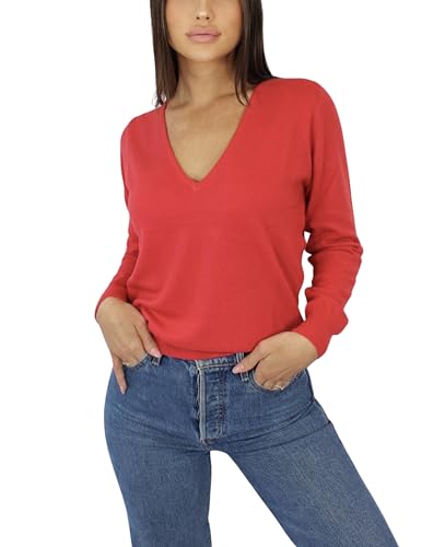 Win's Damenpullover mit V-Ausschnitt, Kaschmir, hergestellt in Italien, korallenrot, XXL von Win's