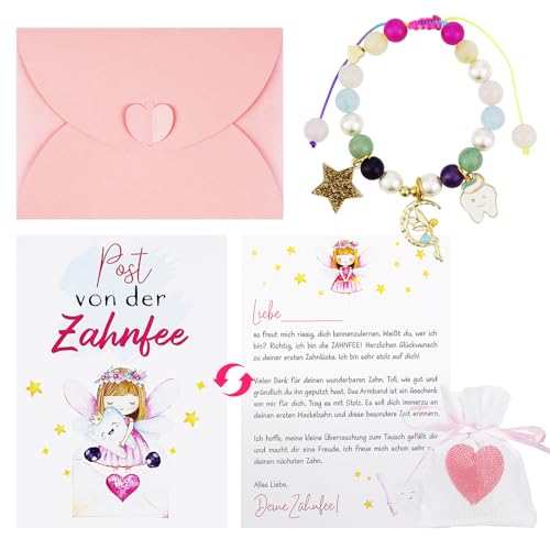Zahnfee Geschenke Mädchen,Zahnfee Postkarte ,Perlenarmband Milchzahn Überraschung Geschenke,Schutzengel Zahn verloren Geschenkidee,Geburtstag Taufe Weihnachten Mutmacher für Tochter Nichte Patenkind von WinHoliLux