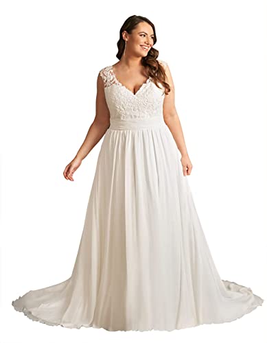 Winaiwi Damen Chiffon Brautkleid Übergröße Spitze Applikationen Einfache A-Linie Strand Garten Brautkleid mit Hofschleppe, Elfenbein, 56 Mehr von Winaiwi