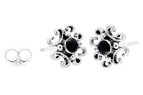 WINDALF Damen Ohrstecker mit Stein NASTIA 8 mm Schwarzer Onyx Ornamentik 925 Sterlingsilber von Windalf
