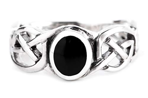 Windalf Celtic Damen Ring NORAN h: 0.8 cm Eleganter Schwarzer Onyx mit Zopfmuster 925 Sterlingsilber (Silber, 58 (18.5)) von Windalf