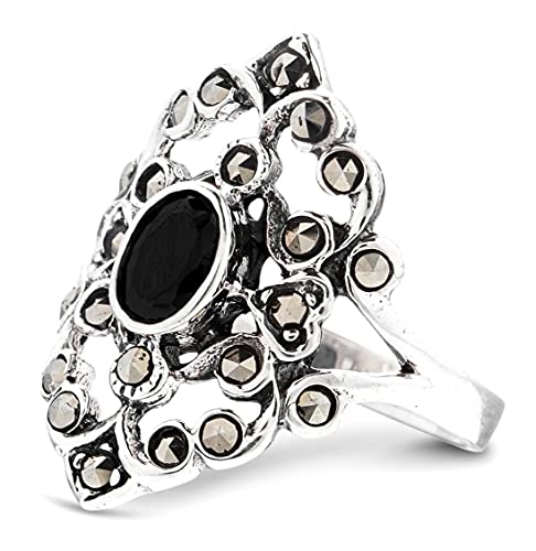 WINDALF Mediaval Ring LUNA 21 mm Bohemian Statementring mit schwarzem Kristall 925 Sterlingsilber (925 Sterlingsilber, 64) von Windalf