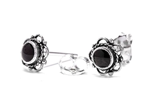 Bohemia Ohrstecker SIANA Ø 7 mm Schwarzer Onyx Mittelalter Ornamentik Vintage 925 Sterlingsilber von Windalf