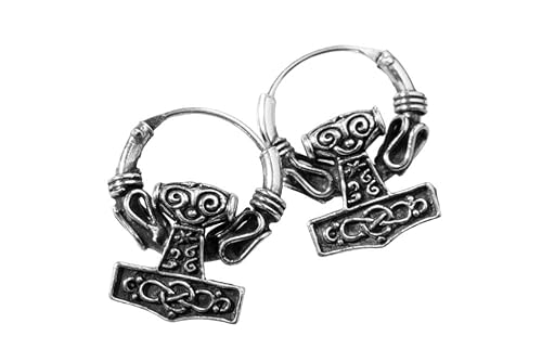 Vikings Creolen Mjölner Ø 17 mm Wikinger Thorshammer Ohrringe Antik 925 Sterling Silber von Windalf