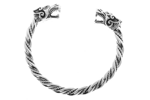 Windalf Handgearbeiteter Großer Breiter Vikings Männer Armreif ARACOR Ø 6.5 cm Mit 2 Wikinger Wolfsköpfen Wikinger Freundschafts-Schmuck 925 Sterlingsilber von Windalf