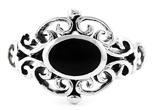 Windalf Bohemia Onyxring ALINA 12 mm Strahlender Schutz-Onyx Indie-Gipsy-Silberschmuck Vintage Freundschaftsring 925 Sterlingsilber (Sterlingsilber, 54) von Windalf