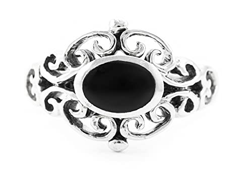 Windalf Bohemia Onyxring ALINA 12 mm Strahlender Schutz-Onyx Indie-Gipsy-Silberschmuck Vintage Freundschaftsring 925 Sterlingsilber (Sterlingsilber, 58) von Windalf