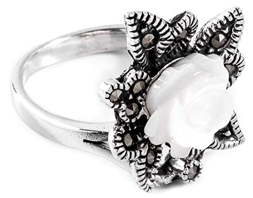 Windalf Elfen Damen-Ring ANASTASIA h: 1.7 cm Bohemia Desing Rose mit Markasit Vintage Hochwertiges Silber (Silber, 48 (15.3)) von Windalf