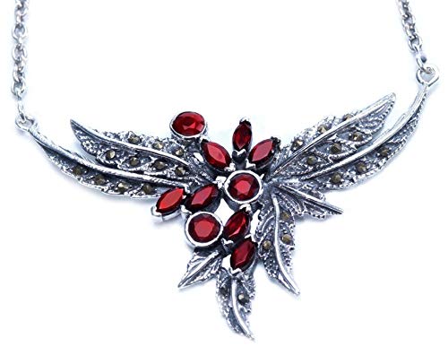 WINDALF Mediaval Bohemia Collier KALIA 4.2 cm Gothic Steam Punk Design Vintage Zarte Blätter Rote Funkelnde Zirkonia 925 Sterlingsilber von Windalf