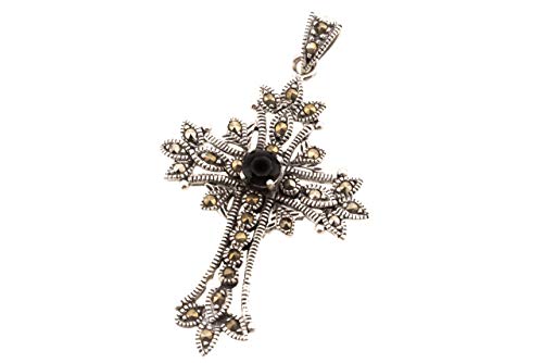 Windalf Schmuck Anhänger Gothic Kreuz ACANTHA 4.5 cm Kreuz mit schwarzem Stein 925 Sterlingsilber von Windalf