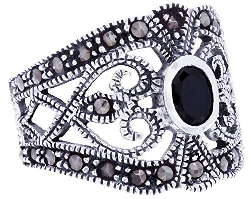 Windalf Trachtenschmuck Statement Silberring RAGNA 16 mm Damenring Schwarzer Kristall Gothic Vintage Mittelalter Design 925 Sterlingsilber (Silber, 52 (16.6)) von Windalf