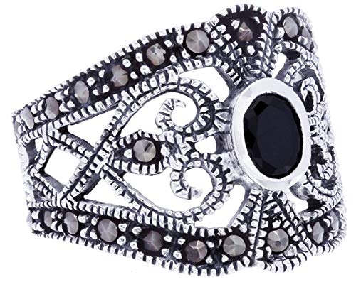Windalf Trachtenschmuck Statement Silberring RAGNA 16 mm Damenring Schwarzer Kristall Gothic Vintage Mittelalter Design 925 Sterlingsilber (Silber, 56 (17.8)) von Windalf