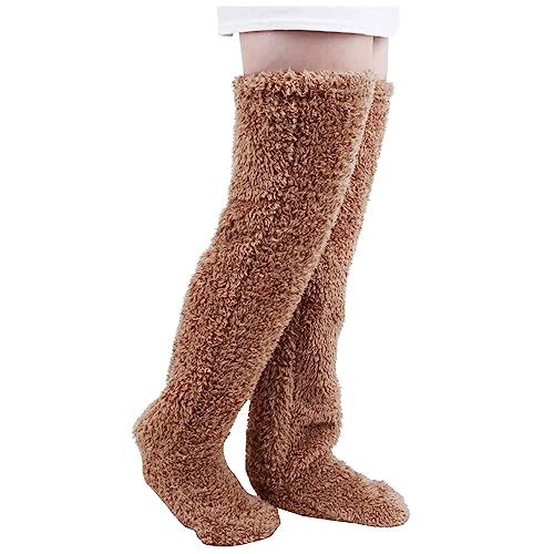 Kuschelsocken Damen Plüsch Overknee Socken Flauschig Winter warme Socken Teddy Fleece Overknee Strümpfe Weiche Knee High Socks für Herbst Winter Haussocken Wintersocken (Brown, One Size) von Windsfinr