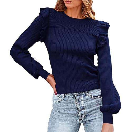 Pullover Damen Rüschen Puffärmel Sweatshirt ohne Kapuze Leichter Sweater Basic Oberteile Casual Langarmshirt Elegant Langarm Tops T-Shirt für Sommer Frühling Herbst Winter (Blue, M) von Windsfinr