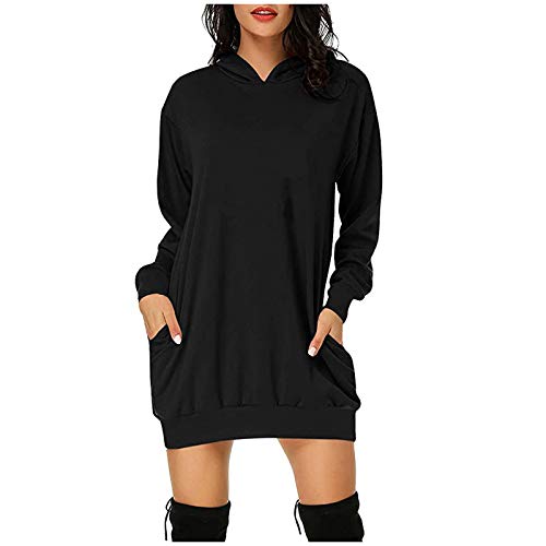 Sweatkleid Damen Langarm Hoodie Kleid Weihnachten Langarmshirt Weihnachtspullover Herbst Winter Pullover Vintage Tunika Kapuzenpullover (AC3-Black, L) von Windsfinr