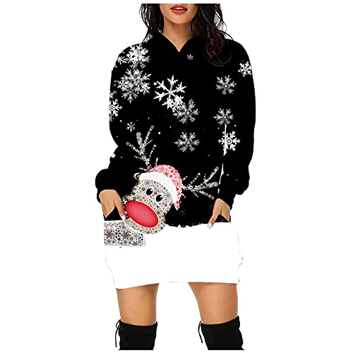 Sweatkleid Damen Langarm Hoodie Kleid Weihnachten Langarmshirt Weihnachtspullover Herbst Winter Pullover Vintage Tunika Kapuzenpullover (BB1-Black, XL) von Windsfinr
