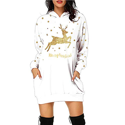 Sweatkleid Damen Langarm Hoodie Kleid Weihnachten Langarmshirt Weihnachtspullover Herbst Winter Pullover Vintage Tunika Kapuzenpullover (XX1-White, XXXL) von Windsfinr