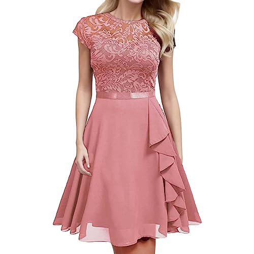 Windsfinr Abendkleider Elegant für Hochzeit Spitzenkleid Chiffon Kurzarm Kleid Cocktailkleid Damen Kleider Sommer Knielang Partykleid Abschlusskleid lang Ballkleid Strandkleid (Pink, L) von Windsfinr