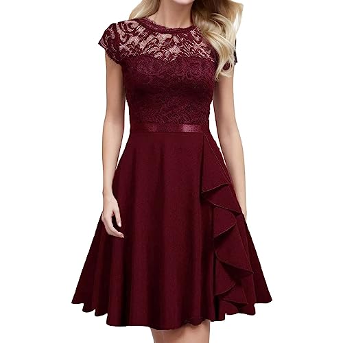 Windsfinr Abendkleider Elegant für Hochzeit Spitzenkleid Chiffon Kurzarm Kleid Cocktailkleid Damen Kleider Sommer Knielang Partykleid Abschlusskleid lang Ballkleid Strandkleid (Red, L) von Windsfinr