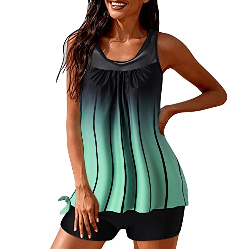 Windsfinr Tankini Damen mit Shorts Badeanzug Bauchweg Zweiteiler Gestreift Drucken Bikini Sets Swimsuit Gepolsterte Badeanzug Beachwear Übergröße Swimsuit Tankini Push Up Oberteile (VVV1-Green, L) von Windsfinr