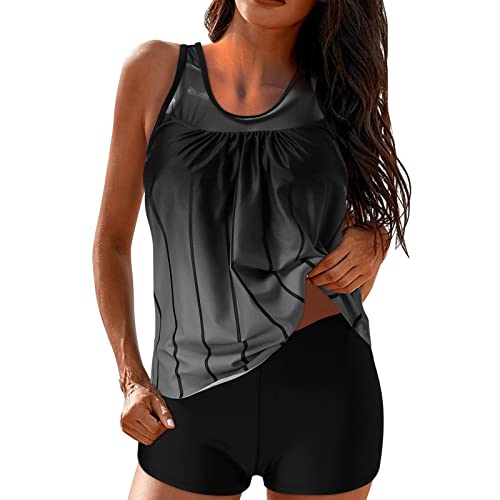 Windsfinr Tankini Damen mit Shorts Badeanzug Bauchweg Zweiteiler Gestreift Drucken Bikini Sets Swimsuit Gepolsterte Badeanzug Beachwear Übergröße Swimsuit Tankini Push Up Oberteile (VVV1-Grey, L) von Windsfinr