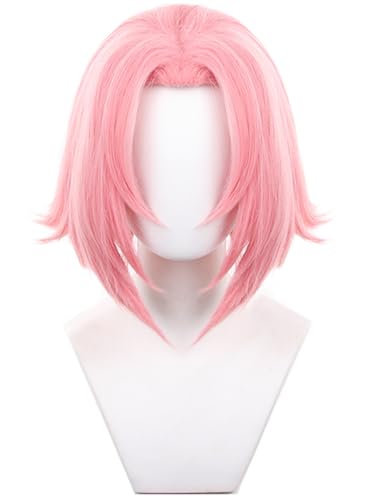 Haruno Sakura Cosplay Perücken Damen Rosa Kurze Bob Perücken Verkleidung Ninja Haruno Sakura Halloween Karneval Party Performance Kostüm Zubehör Anime Wig von Windskids