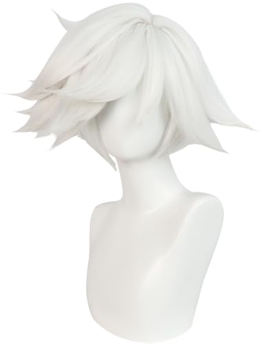 Windskids Angel Dust Cosplay Perücken Erwachsene Verkleidung Dämon Angel Dust Weiß Kurz Pony Multilevel Anime Wig für Halloween Karneval Party Performance Kostüm Zubehör Perücke von Windskids