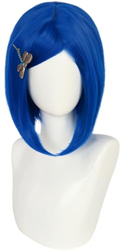 Windskids Caroline Cosplay Perücken Damen Verkleidung Horror Film Mädchen Caroline Blau Kurz Schräger Pony Bob Anime Wig mit Clip für Halloween Karneval Party Performance Kostüm Zubehör Perücke von Windskids