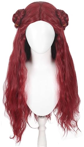Windskids Damen Cosplay Red Perücken Rot Lange Gewellte Locken mit Brötchen Wig für Halloween Karneval Party Maskerade Anime Performance Verkleidung Kostüm Zubehör Perücke von Windskids