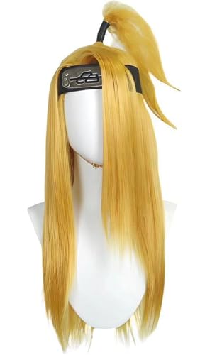Windskids Deidara Cosplay Perücken Herren Golden Gelb Lange Gerade Pferdeschwanz Perücke und Stirnband Verkleidung Ninja Deidara Halloween Karneval Party Performance Kostüm Zubehör Anime Wig von Windskids