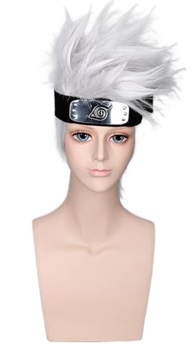 Windskids Hatake Cosplay Perücken Herren Silber Grau Kurze mit Pony Perücke und Stirnband Verkleidung Ninja Hatake Halloween Karneval Party Performance Kostüm Zubehör Anime Wig von Windskids