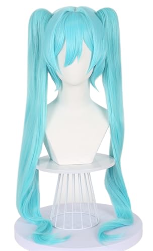 Windskids Hatsune Miku Cosplay Perücken Damen Blau 110cm Lange Gerade mit Doppel Schachtelhalm Pony Perücke Verkleidung Hatsune Miku Mesmerizer Halloween Karneval Party Performance Anime Wig von Windskids