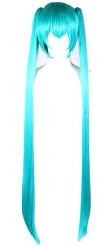 Windskids Hatsune Miku Cosplay Perücken Damen Blau Lange Gerade mit Doppel Schachtelhalm Pony Perücke Verkleidung Hatsune Miku Halloween Karneval Party Performance Kostüm Zubehör Lang 110cm Anime Wig von Windskids