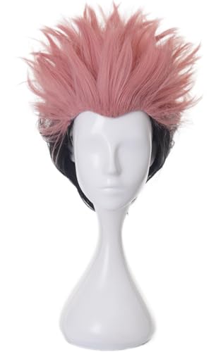 Windskids Itadori Yuji Cosplay Perücken Herren Rosa Schwarz Kurze Kostümperücke Verkleidung Jujutsu Kaisen Itadori Yuji Ryomen Sukuna Halloween Karneval Party Maskerade Anime Wig von Windskids