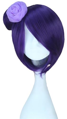 Windskids Konan Cosplay Perücken Damen Anime Ninja Engel Konan Lila Kurzehaar Glatthaar mit Abnehmbar Bun Bob Wig für Halloween Karneval Party Maskerade Performance Verkleidung Kostüm Zubehör Perücke von Windskids