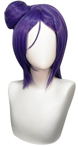 Windskids Konan Perücken Damen Cosplay Anime Ninja Engel Konan Lila Kurzehaar Glatthaar mit Abnehmbar Bun Bob Wig für Halloween Karneval Party Maskerade Performance Verkleidung Kostüm Zubehör Perücke von Windskids