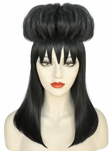 Windskids Lydia Cosplay Perücken Damen Verkleidung Beetle J'uice Lydia Deetz Gothic Schwarz Pony mit Abnehmbar Brötchen Lang Wig für Halloween Karneval Party Performance Kostüm Zubehör Perücke von Windskids