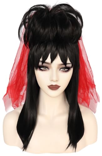 Windskids Lydia Cosplay Perücken mit Schleier Damen Beetle J'uice Lydia Deetz Gothic Schwarz Pony Abnehmbar Bun Wig für Halloween Karneval Party Maskerade Performance Verkleidung Zubehör Perücke von Windskids