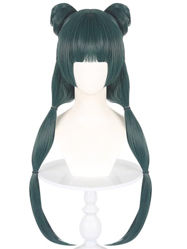 Windskids Mao Mao Cosplay Perücken Damen 70 CM Grün Lange Zopf Glatthaar Pony Kostümperücke mit 2PCS Brötchen Verkleidung Apothecary Diaries Mao Mao Halloween Karneval Party Maskerade Anime Wig von Windskids