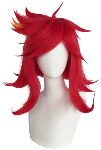 Windskids Niffty Cosplay Perücken Damen Verkleidung Dämon Niffty Rot Schrägem Pony Locken Anime Wig für Halloween Karneval Party Performance Kostüm Zubehör Perücke von Windskids